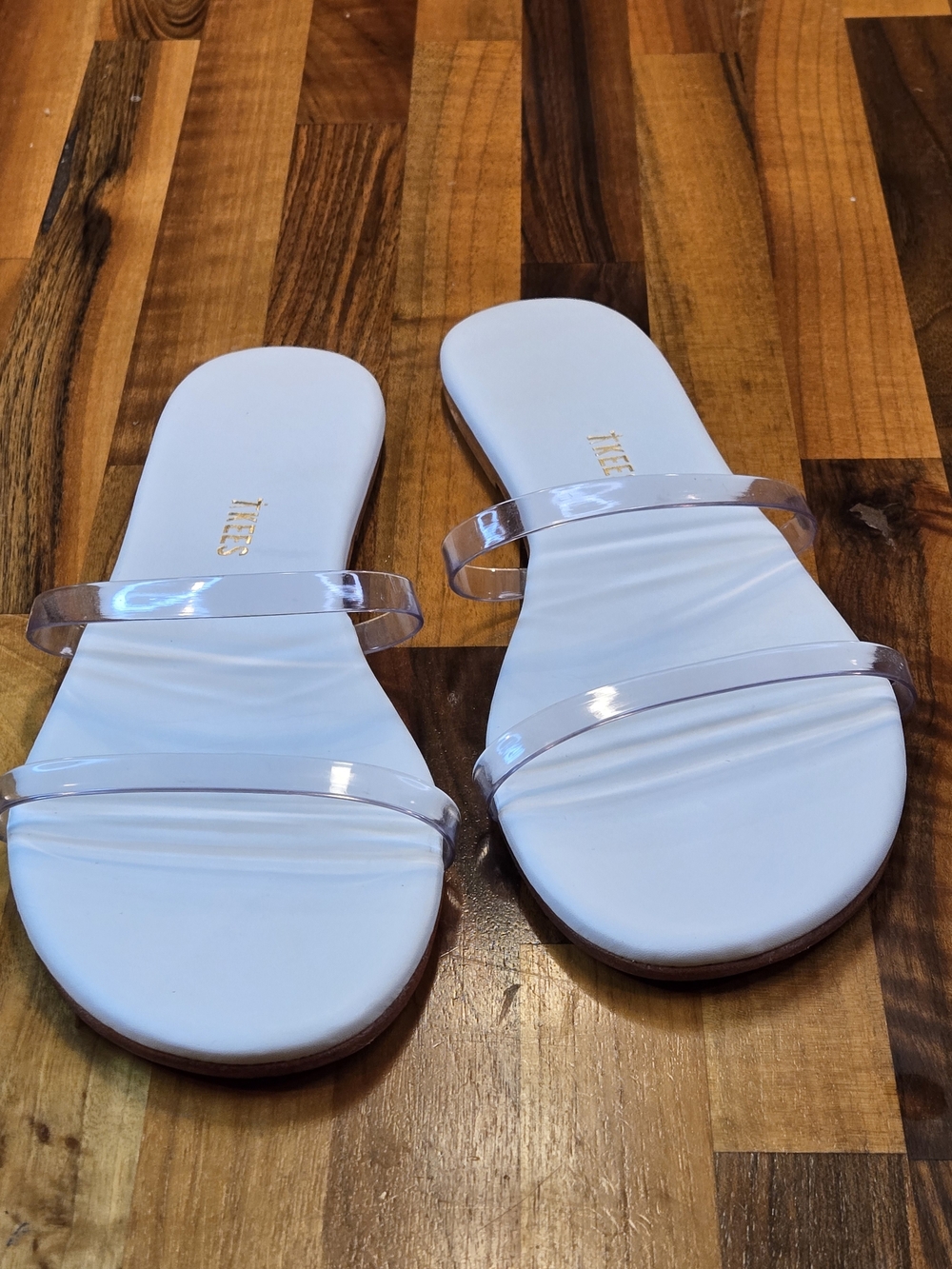 TKEES Gemma Sandals Clear PVC Double Strap - White Leather Footbed - Size 9